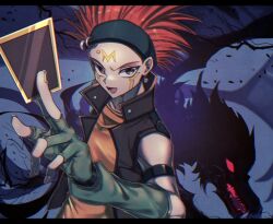 Rule 34 | 1boy, armlet, black-winged dragon, card, crow hogan, dark background, duel monster, fingerless gloves, gloves, glowing, glowing eyes, hand up, headband, holding, holding card, jacket, looking at viewer, male focus, open clothes, open jacket, orange hair, orange shirt, shirt, silhouette, sleeveless, sleeveless jacket, smile, spiked hair, sunanogimo, upper body, yu-gi-oh!, yu-gi-oh! 5d&#039;s