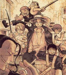 Rule 34 | 1girl, 6+boys, ?, aged down, angry, apron, barrel, benn beckman, book, box, child, cigarette, east blue, fighting, food, hair over one eye, hat, jacket, jacket on shoulders, lowres, monkey d. luffy, monochrome, multiple boys, nami (one piece), one piece, open book, open collar, reading, roronoa zoro, sanji (one piece), scar, shanks (one piece), smile, smoking, straw hat, sword, tongue, usopp, weapon