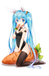 Rule 34 | 1girl, animal ears, bad id, bad pixiv id, bare shoulders, black necktie, black thighhighs, blue eyes, blue hair, blush, breasts, carrot, carrot hair ornament, cleavage, collarbone, covered navel, detached collar, douya (233), eating, eyebrows, fake animal ears, food, food-themed hair ornament, full body, hair ornament, hatsune miku, highres, holding, holding food, kemonomimi mode, leotard, long hair, matching hair/eyes, necktie, playboy bunny, rabbit ears, short necktie, simple background, sitting, small breasts, solo, straddling, strapless, strapless leotard, tareme, tattoo, thighhighs, upright straddle, vegetable, very long hair, vocaloid, white background, wing collar