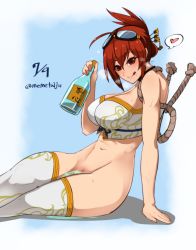 Rule 34 | 1girl, :q, ahoge, alcohol, bottle, breath, crossed legs, dated, female pubic hair, folded ponytail, goggles, goggles on head, hair ornament, heart, looking at viewer, midriff, navel, no panties, pubic hair, red hair, rope, sagara1990, sake, sake bottle, sengoku taisen, shimenawa, short shorts, shorts, sitting, solo, spoken heart, sugino ookata, sweat, thighhighs, tongue, tongue out, translation request, twitter username, wakamezake, white thighhighs