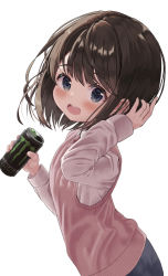 Rule 34 | 1girl, :d, black hair, black skirt, blue eyes, blush, brown necktie, can, collared shirt, commentary request, energy drink, hands up, highres, holding, holding can, long sleeves, looking at viewer, mimikaki (men bow), monster energy, necktie, open mouth, original, shirt, simple background, skirt, sleeves past wrists, smile, solo, sweater vest, teeth, upper teeth only, white background, white shirt