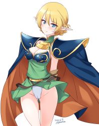 Rule 34 | 1girl, artist name, blonde hair, blue eyes, blush, braid, breasts, cameltoe, cape, cleavage, closed mouth, cosplay, covered erect nipples, darjeeling (girls und panzer), dated, deedlit, deedlit (cosplay), dress, elf, girls und panzer, green dress, highres, kuzuryuu kennosuke, looking at viewer, medium breasts, panties, pointy ears, record of lodoss war, shiny clothes, simple background, smile, solo, standing, underwear, white background, white panties