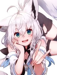 Rule 34 | ahoge, animal ears, aqua eyes, black shorts, black thighhighs, blue neckerchief, detached sleeves, fang, fox ears, fox girl, fox shadow puppet, front slit, hair between eyes, highres, hololive, long hair, neckerchief, shirakami fubuki, shirakami fubuki (1st costume), short shorts, shorts, single thighhigh, strapless, sushida hayari, thigh strap, thighhighs, virtual youtuber, white background, white hair, white sleeves, wide sleeves