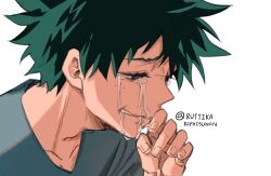 Rule 34 | 1boy, absurdres, blue shirt, boku no hero academia, crying, crying with eyes open, freckles, green eyes, green hair, highres, looking to the side, male focus, midoriya izuku, multicolored hair, parted lips, portrait, ruttika shin, shirt, solo, tears, twitter username, two-tone hair, white background