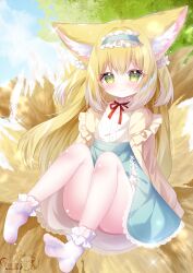 1girl animal_ear_fluff animal_ears ankle_socks aqua_hairband aqua_skirt arknights blonde_hair blush cardigan closed_mouth commentary_request feet floating frilled_hairband frilled_socks frills full_body hairband hamiyamiko highres lace lace-trimmed_skirt lace_trim light_particles long_hair looking_at_viewer multicolored_hair multiple_tails neck_ribbon no_shoes official_alternate_costume open_cardigan open_clothes paid_reward_available partial_commentary red_ribbon ribbon skirt smile socks soles solo sparkle streaked_hair suzuran_(arknights) suzuran_(spring_praise)_(arknights) tail toes white_hair white_socks yellow_cardigan