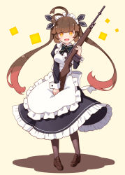 Rule 34 | 1girl, :d, alternate costume, antenna hair, apron, battle rifle, black bow, black dress, bow, breasts, brown background, brown footwear, brown hair, brown pantyhose, collared dress, colored shadow, commentary request, dress, enmaided, frilled apron, frilled dress, frills, full body, girls&#039; frontline, gun, harada (sansei rain), highres, holding, holding gun, holding weapon, juliet sleeves, loafers, long hair, long sleeves, looking at viewer, m14, m14 (girls&#039; frontline), maid, maid apron, maid headdress, medium breasts, multicolored hair, name connection, object namesake, open mouth, orange eyes, pantyhose, puffy sleeves, rifle, shadow, shoes, smile, solo, standing, striped, striped bow, twintails, two-tone hair, very long hair, weapon, white apron