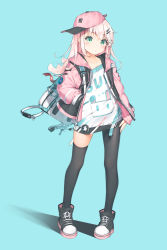 Rule 34 | 1girl, asymmetrical legwear, backpack, bad id, bad pixiv id, bag, baseball cap, black footwear, black pantyhose, blue background, casual, closed mouth, coffeiz p, collarbone, contrapposto, green eyes, hair ornament, hairclip, hand in pocket, hand on own hip, hat, highres, hood, hooded jacket, jacket, light blush, long hair, long sleeves, looking at viewer, loose clothes, multicolored clothes, off-shoulder shirt, off shoulder, on shoulder, original, pantyhose, pink hair, shadow, shirt, sidelocks, solo, thighhighs, uneven legwear