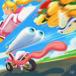 Rule 34 | 1boy, 1girl, acrylictoon, ass, blonde hair, blue shell (mario), bodysuit, bowser, crown, day, flying, gloves, heart, horns, looking at another, mario (series), mario kart, motor vehicle, motorcycle, nintendo, princess peach, red hair, riding, screaming, spoken heart, surprised, tongue, tongue out