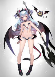 Rule 34 | 1girl, absurdres, axe, black footwear, black horns, black skirt, boots, breasts, demon girl, demon tail, demon wings, full body, hair ribbon, highres, hitowa, holding, holding axe, holding weapon, horns, long hair, looking at viewer, navel, open mouth, original, pink eyes, red ribbon, ribbon, skirt, small breasts, smile, solo, standing, tail, two side up, weapon, wings
