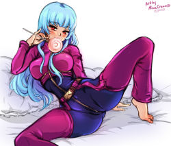 Rule 34 | 1girl, artist name, barefoot, bed, belt, blue hair, bodysuit, breasts, candy, dated, food, kula diamond, lollipop, long hair, looking at viewer, medium breasts, mina cream, pillow, purple eyes, signature, simple background, smile, solo, spread legs, the king of fighters, white background