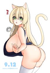 Rule 34 | 1girl, animal ear fluff, animal ears, apron, ass, bare shoulders, blonde hair, breasts, cat ears, cat girl, cat tail, dated, green eyes, hair between eyes, hair over shoulder, heart, highres, huge ass, huge breasts, japanese text, kaedeno yuu, long hair, looking at viewer, looking to the side, open mouth, original, reimu nekomusu (kaedeno yuu), skindentation, solo, tail, tank top, thick thighs, thighhighs, thighs, white background, white thighhighs