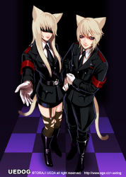 Rule 34 | 1boy, 1girl, animal ears, armband, belt, blonde hair, blouse, boots, cat ears, cat tail, checkered floor, eyeliner, floor, garter straps, gloves, hair over eyes, jacket, makeup, military, military uniform, miniskirt, necktie, non-web source, outstretched hand, perspective, shirt, skirt, smile, standing, tail, toraji, ueda, ueda toraji, uniform, white shirt