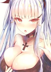 Rule 34 | 1girl, breasts, fang, hair ornament, jewelry, kiseno, large breasts, long hair, long sleeves, looking at viewer, neck ring, open mouth, original, red eyes, solo, sweater, twintails, white hair