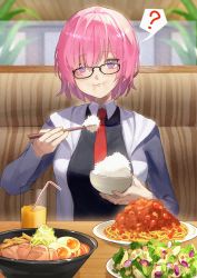 Rule 34 | 1girl, ?, bowl, chopsticks, cup, drinking glass, drinking straw, eating, egg (food), fate/grand order, fate (series), food, food on face, full mouth, glasses, hair over one eye, highres, mash kyrielight, myuzu0711, necktie, pasta, pink hair, purple eyes, rice, rice bowl, salad, spaghetti