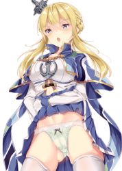 Rule 34 | 1girl, anchor, azur lane, blonde hair, blue capelet, blue eyes, blue skirt, blush, bow, bow panties, braid, breasts, capelet, clothes lift, fukuda shuushi, gloves, green panties, hair between eyes, headgear, highres, lifted by self, long sleeves, looking down, medium breasts, navel, open mouth, panties, pleated skirt, renown (azur lane), shaded face, shirt, short hair with long locks, simple background, skirt, skirt lift, solo, thighhighs, underwear, v-shaped eyebrows, white background, white gloves, white shirt, white thighhighs
