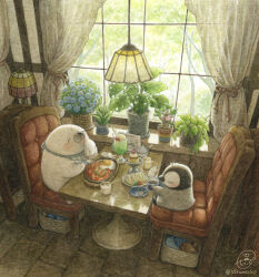 Rule 34 | bear, bird, blush, chair, closed eyes, cup, day, food, food request, hanging light, highres, holding, holding cup, holding spoon, ice cream, indoors, napkin, no humans, original, penguin, plant, plate, polar bear, potted plant, sitting, spoon, st.kuma, sundae, twitter username, window