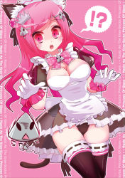 Rule 34 | !?, 1girl, animal ears, apron, bemani, bow, breasts, cat ears, cat tail, cleavage, dress, gloves, hair ornament, hairclip, highres, long hair, maid, maid apron, nukemichi, panties, pink eyes, pink hair, rasis, see-through, solo, sound voltex, tail, thighhighs, underwear