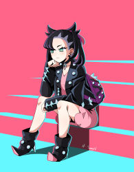 Rule 34 | 1girl, absurdres, arm support, asymmetrical hair, backpack, bag, black footwear, black hair, black jacket, commentary, creatures (company), dress, english commentary, full body, game freak, green eyes, highres, jacket, marnie (pokemon), nintendo, pendant choker, pink dress, pokemon, pokemon swsh, signature, sitting, sleeves past wrists, solo, tanny v