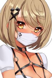 Rule 34 | 1girl, between breasts, black collar, breasts, chest harness, chest strap, cleavage, collar, dark-skinned female, dark skin, dress, gyaru, hair ornament, harness, highres, kaminari qpi, large breasts, light brown hair, looking at viewer, mask, mouth mask, o-ring, rifufu, short hair, short sleeves, simple background, solo, surgical mask, swept bangs, upper body, virtual youtuber, vspo!, white background, white dress, white mask, x hair ornament, yellow eyes