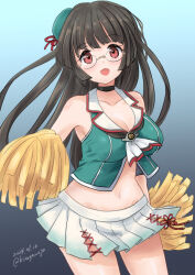 Rule 34 | 1girl, beret, black hair, breasts, choukai (kancolle), choukai kai ni (kancolle), cleavage, cowboy shot, crop top, glasses, green hat, green shirt, hat, holding, holding pom poms, kantai collection, kitagawa mikio, large breasts, long hair, navel, one-hour drawing challenge, pleated skirt, pom pom (cheerleading), pom poms, red eyes, sailor collar, shirt, skirt, sleeveless, sleeveless shirt, smile, solo, white sailor collar, white skirt