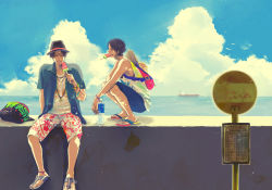 Rule 34 | 2boys, bag, black hair, blue sky, bottle, brother, brothers, bus stop, closed eyes, cloud, contemporary, day, eating, family, food, freckles, fruit, grin, hat, jewelry, male focus, monkey d. luffy, multiple boys, necklace, ocean, one piece, otonai, outdoors, popsicle, portgas d. ace, road sign, scar, ship, short hair, siblings, sign, sky, smile, straw hat, wall, watercraft, watermelon