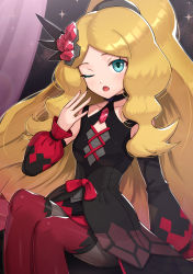Rule 34 | 1girl, ;o, aqua eyes, blonde hair, caitlin (fall 2021) (pokemon), caitlin (pokemon), collarbone, commentary request, creatures (company), detached sleeves, eyelashes, fingernails, game freak, gem, glint, gonzarez, hair ornament, highres, knees, legs together, long hair, nintendo, official alternate costume, one eye closed, open mouth, parted bangs, pokemon, pokemon masters ex, red gemstone, red ribbon, ribbon, sidelocks, sitting, solo, sparkle