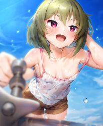 Rule 34 | 1girl, blue sky, blurry, blurry foreground, blush, breasts, camisole, cleavage, cloud, cloudy sky, collarbone, dripping, faucet, flying sweatdrops, from below, green hair, hand in own hair, highres, idolmaster, idolmaster million live!, looking ahead, nagayoshi subaru, no bra, open clothes, open mouth, pink eyes, polka dot, polka dot camisole, qianlou (qianlou12374), short hair, shorts, sky, small breasts, smile, sweat
