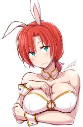 Rule 34 | 1girl, :3, animal ears, arm between breasts, artist name, between breasts, blush, boudica (fate), bra, breasts, cleavage, closed mouth, commentary request, fake animal ears, fate/grand order, fate (series), fue (rhomphair), green eyes, hand on own chest, large breasts, looking at viewer, rabbit ears, red hair, short hair, signature, simple background, sketch, smile, solo, underwear, upper body, white background, white bra, wrist cuffs