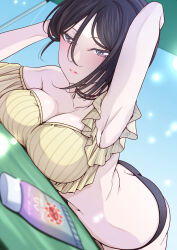 Rule 34 | 1girl, arm behind head, arm up, armpits, ass, bang dream!, bare shoulders, beach towel, bikini, black bikini, black hair, blue sky, blurry, blurry foreground, breasts, butt crack, cleavage, collarbone, commentary request, cowboy shot, day, dutch angle, frilled bikini, frills, hair between eyes, hand in own hair, hand up, highres, kitayu, large breasts, light blush, light particles, light smile, long bangs, looking at viewer, lotion, lying, mismatched bikini, navel, off-shoulder bikini, off shoulder, on ground, on stomach, outdoors, parasol, parted lips, purple eyes, short hair, sky, solo, striped bikini, striped clothes, sunscreen, swimsuit, towel, umbrella, vertical-striped bikini, vertical-striped clothes, yashio rui, yellow bikini