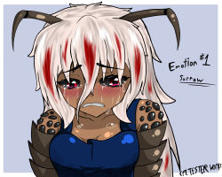 Rule 34 | absurdres, alien, antennae, arthropod girl, black sclera, breasts, colored sclera, cpt.tester works, crying, grey sclera, highres, looking down, peaches (cpt.tester), red eyes, sad, shell, small breasts, tank top, tearing up, tears, white hair