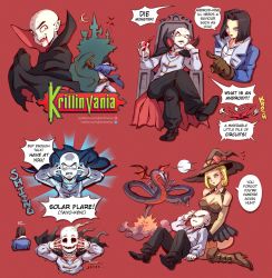 Rule 34 | 1girl, 2boys, android 17, android 18, bald, black hair, blonde hair, blood, blood from mouth, blue eyes, boots, breasts, broken glass, brown footwear, brown gloves, castlevania: symphony of the night, castlevania (series), chair, cleavage, cosplay, crescent moon, crossed legs, cup, detached collar, dracula (castlevania), dracula (castlevania) (cosplay), dragon ball, dragonball z, drinking glass, english text, evil smile, fangs, full moon, glass, gloves, hat, highres, jammeryx, kuririn, large breasts, logo parody, miniskirt, moon, multiple boys, open mouth, pleated skirt, pointing, pointy ears, red eyes, richter belmont, richter belmont (cosplay), shenron (dragon ball), sitting, skeleton, skirt, smile, taiyouken, vampire, watermark, web address, whip, wine glass, witch hat