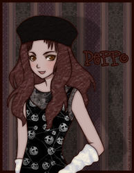 Rule 34 | 00s, 1boy, :d, arm warmers, black dress, border, brown eyes, brown hair, character name, dress, gankutsuou, hat, long hair, looking at viewer, male focus, open mouth, peppo, skull print, sleeveless, sleeveless dress, smile, solo, trap, upper body, very long hair