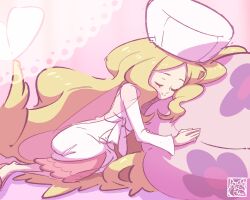 Rule 34 | 1girl, blonde hair, caitlin (pokemon), cape, closed eyes, closed mouth, creatures (company), dress, game freak, hat, highres, kyonart, long hair, long sleeves, lying, nintendo, pink background, pink cape, pink dress, pink hat, pokemon, pokemon bw, see-through, see-through cape, sleeping, smile, solo, very long hair