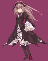 Rule 34 | 00s, 1girl, boots, dutch angle, frills, full body, gothic lolita, lolita fashion, loo, purple background, rozen maiden, simple background, solo, standing, suigintou