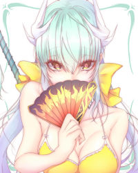 Rule 34 | 1girl, aqua hair, bare shoulders, bikini, bikini top only, blue hair, bow, breasts, cleavage, collarbone, covering own mouth, eyebrows, fate/grand order, fate (series), flame print, folding fan, gradient hair, green hair, hair between eyes, hair bow, hand fan, heart, heart-shaped pupils, highres, holding, holding behind back, horns, kiyohime (fate), kiyohime (fate/grand order), kiyohime (swimsuit lancer) (fate), kiyohime (swimsuit lancer) (first ascension) (fate), long hair, looking at viewer, medium breasts, multicolored hair, silver hair, simple background, solo, swimsuit, symbol-shaped pupils, tetsu (excalibur920), upper body, white background, yellow bikini, yellow bow