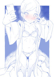 Rule 34 | 1girl, blue theme, blush, bow, bow bra, bow panties, bra, breasts, cellphone, closed mouth, commentary, groin, hair over shoulder, healin&#039; good precure, highres, holding, holding phone, japanese clothes, kimono, long hair, long sleeves, looking at viewer, miyagoe yoshitsuki, monochrome, navel, open clothes, open kimono, outside border, panties, phone, precure, ribs, sash, sawaizumi chiyu, selfie, small breasts, smartphone, smile, solo, standing, sweat, sweatdrop, swept bangs, underwear, w, wide sleeves