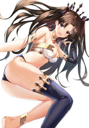Rule 34 | 1girl, :d, anklet, armlet, ass, bandeau, bare shoulders, bikini, bikini top only, blush, bow, breasts, bridal gauntlets, brown hair, cleavage, detached sleeves, earrings, fate/grand order, fate (series), from side, hair bow, hair ornament, hand up, highleg, highleg bikini, highres, hoop earrings, ishtar (fate), jewelry, long hair, looking at viewer, medium breasts, neck ring, open mouth, parted bangs, red eyes, simple background, single detached sleeve, single thighhigh, smile, solo, strapless, strapless bikini, swimsuit, thighhighs, thighs, tiara, tsukise miwa, two side up, v-shaped eyebrows, white background, white bikini