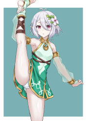 Rule 34 | 1girl, :o, antenna hair, blush, breasts, bridal gauntlets, dress, flower, green dress, hair between eyes, hair flower, hair ornament, highres, kneepits, kokkoro (princess connect!), leg lift, leg up, minarai, open mouth, panties, pantyshot, pointy ears, princess connect!, purple eyes, see-through, see-through sleeves, short hair, silver hair, simple background, small breasts, solo, split, standing, standing on one leg, standing split, two-tone background, underwear, white panties