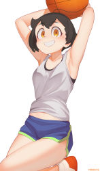 Rule 34 | 1girl, absurdres, armpits, arms up, artist name, bad id, bad pixiv id, ball, bare arms, bare shoulders, basketball, basketball (object), black hair, black sports bra, blue shorts, blush, brand new animal, breasts, brown eyes, brown hair, collarbone, commentary, grin, gym shorts, highres, holding, holding ball, kagemori michiru, knee up, looking at viewer, midriff peek, navel, once 11h, shirt, shoes, short hair, short shorts, shorts, simple background, small breasts, smile, sneakers, solo, sports bra, sportswear, tank top, white background, white shirt