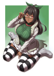 Rule 34 | 1girl, black thighhighs, borrowed character, breasts, commentary, commission, cyron tanryoku, dark-skinned female, dark skin, gradient background, green background, green sweater, highres, jewelry, large breasts, long hair, nail polish, necklace, original, packge, ponytail, red eyes, shoes, sitting, skirt, sneakers, solo, striped clothes, striped thighhighs, sweater, thighhighs, turtleneck, turtleneck sweater, two-tone legwear, wariza, zettai ryouiki
