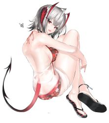 Rule 34 | 1girl, antennae, arknights, artist request, bad id, bad twitter id, bare arms, bare back, bare legs, bare shoulders, barefoot, bikini, black horns, breasts, demon girl, demon horns, demon tail, artistic error, feet, highres, horns, looking at viewer, looking back, red bikini, red eyes, sandals, see-through, short hair, sideboob, silver hair, simple background, swimsuit, tail, w (arknights), white background, wrong foot