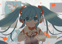 Rule 34 | 1girl, absurdres, blue eyes, blue hair, cable, confetti, dirty, dirty face, hatsune miku, headphones, headset, highres, long hair, long sleeves, looking up, microphone, microphone stand, multiple views, nail polish, open mouth, sorami, twintails, very long hair, vocaloid