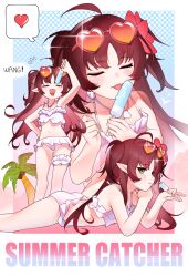 Rule 34 | 1girl, absurdres, ahoge, arknights, arm up, bikini, breasts, closed eyes, coconut tree, collarbone, english text, eyewear on head, food, frilled bikini, frills, green eyes, heart, heart-shaped eyewear, highres, holding, holding food, holding popsicle, licking, long hair, looking at viewer, lying, multiple views, myrtle (arknights), myrtle (summer flowers) (arknights), navel, necklace, official alternate costume, on stomach, open mouth, palm tree, pointy ears, popsicle, red hair, shell, shell necklace, small breasts, soda (sod4), speech bubble, spoken heart, swimsuit, tongue, tongue out, tree, white bikini