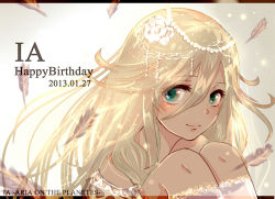 Rule 34 | 1girl, blonde hair, feathers, flower, green eyes, hair between eyes, hair flower, hair ornament, happy birthday, ia (vocaloid), kotorii, smile, solo, vocaloid