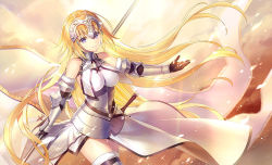 Rule 34 | 1girl, armor, armored dress, bare shoulders, black gloves, blonde hair, breasts, chain, closed mouth, commentary request, dress, elbow gloves, fate/grand order, fate (series), flag, fur-trimmed legwear, fur trim, gloves, head tilt, headpiece, holding, holding flag, jeanne d&#039;arc (fate), jeanne d&#039;arc (ruler) (fate), jeanne d&#039;arc (third ascension) (fate), kagachi saku, long hair, medium breasts, outstretched arm, parted lips, purple eyes, smile, solo, thighhighs, very long hair, white dress, white flag