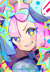 Rule 34 | 1girl, aqua hair, artist name, bare shoulders, bow-shaped hair, breasts, character hair ornament, clenched teeth, collarbone, creatures (company), game freak, gen 1 pokemon, grey shirt, hair ornament, hexagon print, highres, iono (pokemon), jacket, light blush, looking at viewer, magnemite, medium breasts, multicolored eyes, multicolored hair, naoto (yandereheaven), nintendo, pink eyes, pink hair, pixiv id, pokemon, pokemon sv, portrait, shirt, signature, sleeveless, sleeveless shirt, small breasts, smile, solo, split-color hair, star (symbol), star in eye, symbol in eye, teeth, twitter username, two-tone hair, x, yellow jacket