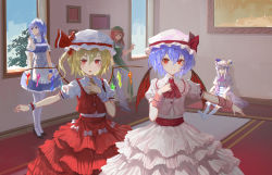 Rule 34 | 5girls, absurdres, apron, arms at sides, ascot, bat wings, black footwear, blonde hair, blue dress, blue eyes, blue hair, blush, book, bow, braid, capelet, carpet, closed mouth, crescent, crescent hair ornament, crystal, day, dress, flandre scarlet, flats, framed, frilled apron, frills, green hat, hair between eyes, hair bobbles, hair bow, hair ornament, hair ribbon, hat, head wings, high heels, highres, hong meiling, indoors, izayoi sakuya, lace trim, lamase (41), layered skirt, leaning back, leg up, long hair, looking at another, looking at viewer, looking away, maid headdress, mob cap, multiple girls, no shoes, on floor, one side up, open mouth, outstretched arm, panties, pants, patchouli knowledge, pelvic curtain, picture frame, pink skirt, puffy short sleeves, puffy sleeves, purple hair, red bow, red eyes, red hair, red ribbon, red skirt, red vest, remilia scarlet, ribbon, sash, shade, shirt, shoes, short sleeves, siblings, sisters, sitting, skirt, skirt set, sky, smile, standing, standing on one leg, striped clothes, striped dress, touhou, tree, tress ribbon, twin braids, underwear, vest, waist apron, white apron, white bow, white legwear, white pants, white shirt, window, wings, wrist cuffs