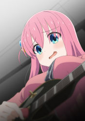 Rule 34 | 1girl, aum mat0320, blue eyes, blush, bocchi the rock!, breasts, cube hair ornament, electric guitar, from below, gibson les paul, gotoh hitori, guitar, hair between eyes, hair ornament, highres, instrument, jacket, long hair, looking at viewer, medium breasts, music, nervous smile, open mouth, pink hair, pink jacket, playing instrument, smile, solo, track jacket