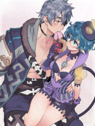 Rule 34 | 1boy, 1girl, black coat, black eyes, black hair, bra, chest jewel, coat, eyepatch, food, food in mouth, glasses, gloves, green eyes, green hair, holding, holding food, jacket, looking at another, muscular, muscular male, natto soup, pandoria (xenoblade), pink background, pointy ears, purple bra, purple gloves, purple jacket, purple shorts, short hair, shorts, smile, tail, underwear, xenoblade chronicles (series), xenoblade chronicles 2, zeke von genbu (xenoblade)