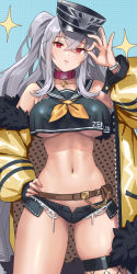 Rule 34 | 1girl, absurdres, alternate costume, azur lane, bache (azur lane), bache (azur lane) (cosplay), bandaid, bandaid on knee, bandaid on leg, bare shoulders, belt, black footwear, black hat, black sailor collar, black shirt, black shorts, bracelet, breasts, brown belt, character name, closed mouth, collar, collarbone, commentary request, cosplay, cowboy shot, crop top, crop top overhang, cropped, crossed bangs, cuboon, english text, fignya, fishnet thighhighs, fishnets, full body, fur-trimmed jacket, fur trim, graf zeppelin (azur lane), hair between eyes, hand on own hip, hand up, hat, head tilt, highres, jacket, jewelry, large breasts, long hair, looking at viewer, micro shorts, money gesture, nail polish, navel, neckerchief, off-shoulder jacket, off shoulder, patterned, patterned clothing, peaked cap, photoshop (medium), pink collar, pink nails, pouch, red eyes, sailor collar, shirt, shorts, silver hair, single thighhigh, sleeveless, sleeveless shirt, solo, sparkle, standing, thighhighs, two side up, underboob, very long hair, yellow jacket, yellow neckerchief, zipper